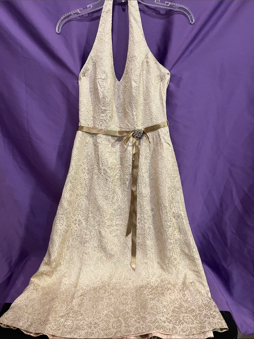 David's Bridal Ivory Brocade Halter A-Line Dress with Satin Belt